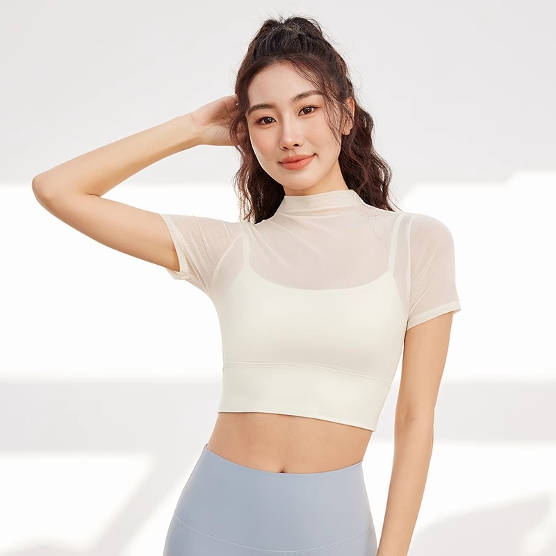 New short-sleeved sports T-shirt fitness clothes mesh sports bra top integrated Cup yoga vest one-piece suit