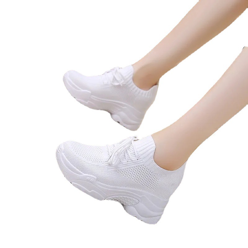 Hidden height increasing white shoes for women 2023 new spring flying woven mesh casual sneaker breathable platform daddy shoes summer