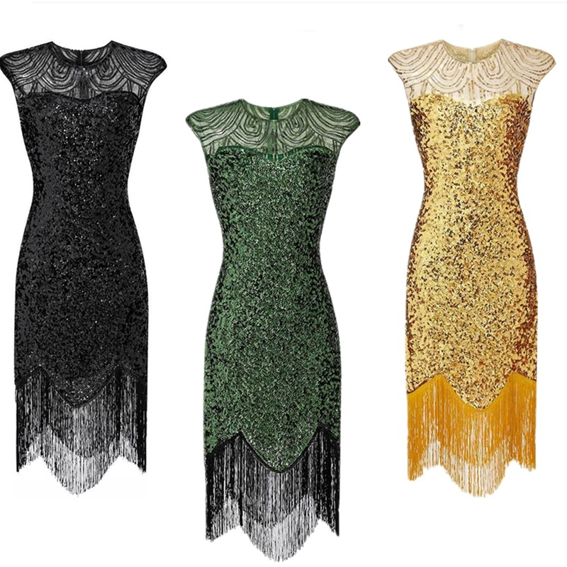 Amazon Explosive Banquet Evening Dress 1920 Vintage Sequin Tassel Dress Large Size Solid Color Stage Performance Dress