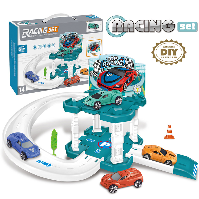 Foreign Trade Children's assembled gliding rail car ejection car toy DIY portable box parking lot toy car model