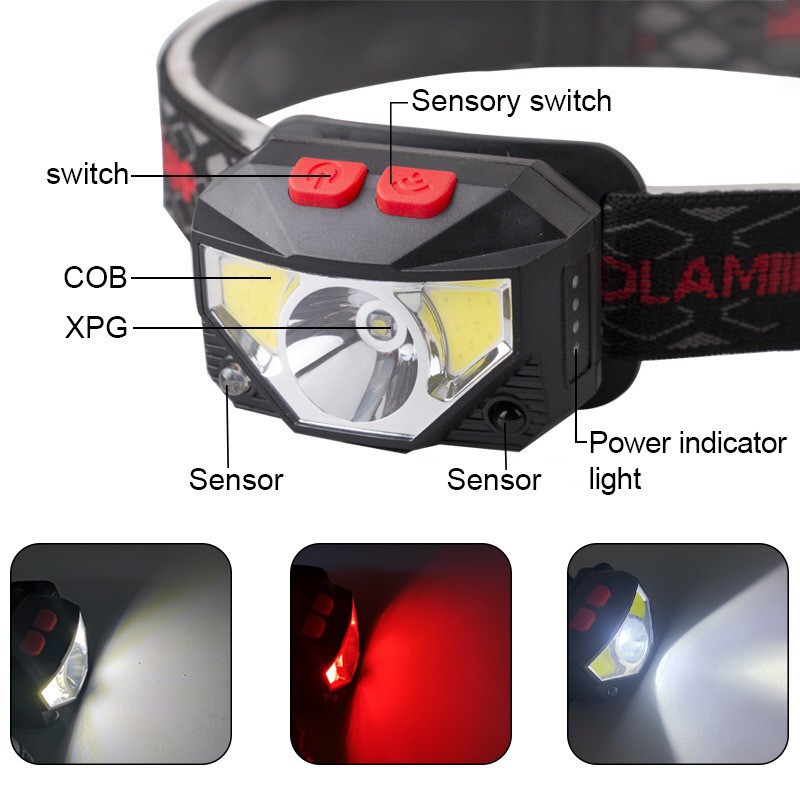 New LED induction red fishing headlight mini USB built-in battery multi-function light COB strong light headlight