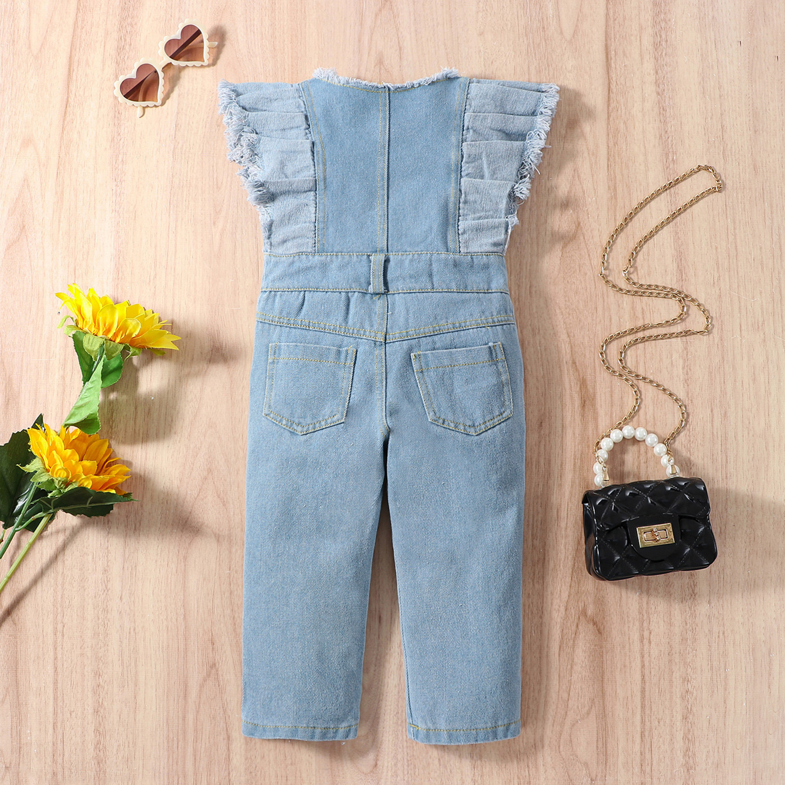 2023 Foreign Trade Summer European and American Style Instagram Girls New Flying Sleeve One-piece Denim Trousers