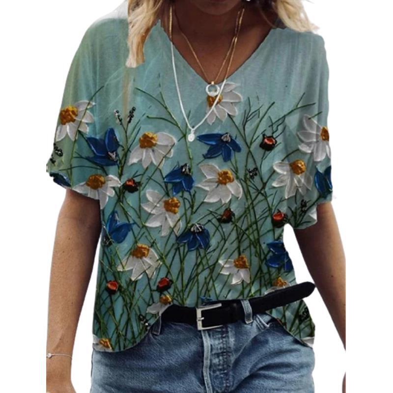  European and American independent station wish summer fashion floral print pullover V-neck short-sleeved T-shirt for women