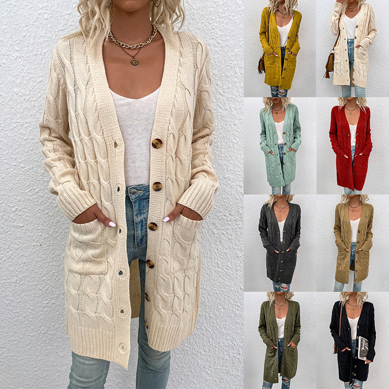 Mao Mao Yu European and American Foreign trade knitwear autumn and winter 2023 long twist sweater women's Amazon new button cardigan