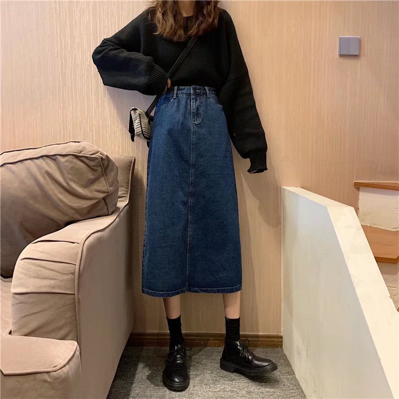 Denim skirt women 2022 autumn Hong Kong flavor retro long high waist slim split denim skirt wholesale