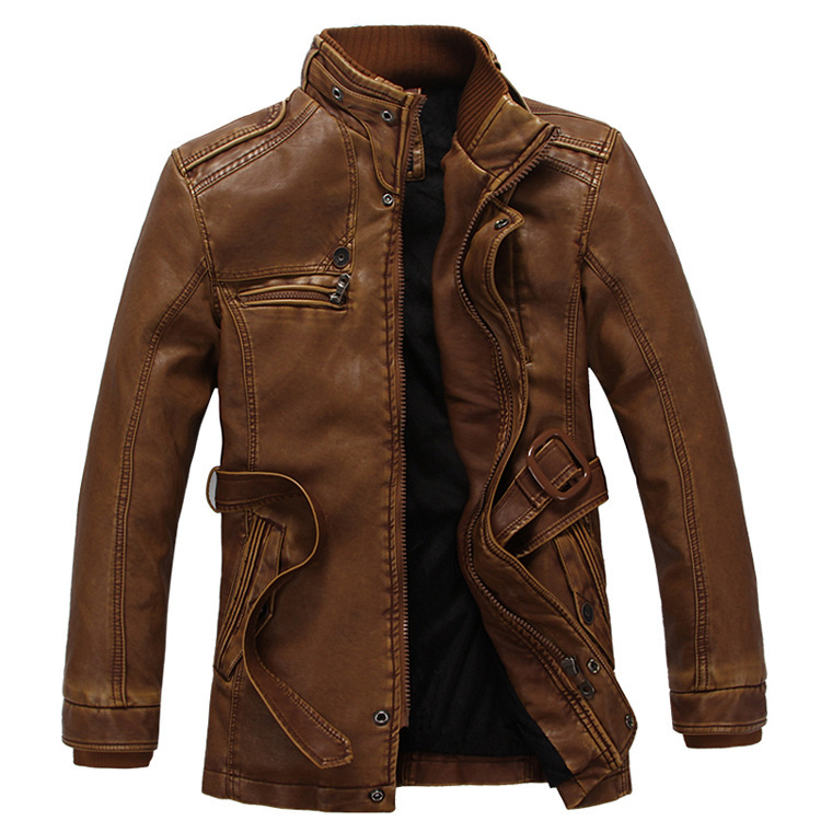 2023 autumn and winter men's mid-length slim-fit retro stand collar leather casual jacket jacket