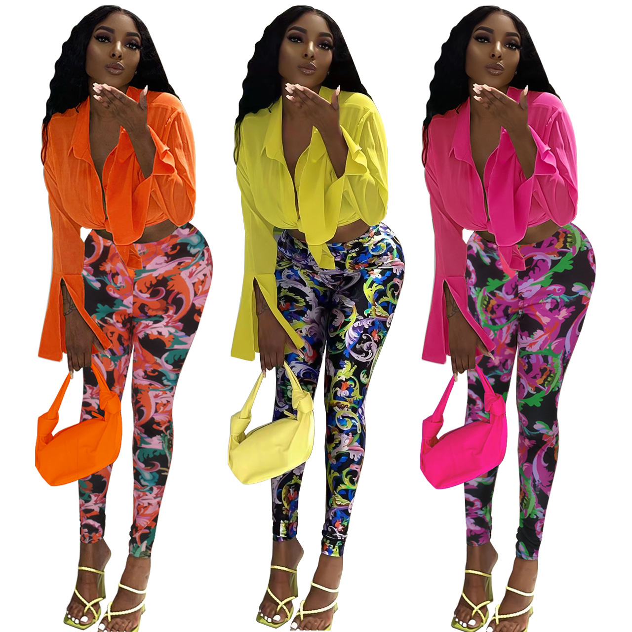 FE207 Special Price No Return No Change Cross-border Women's Clothing Amazon New Long Sleeve Shirt with Printed Pants Two-piece Set