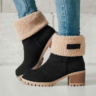 Winter plus size mid-calf boots Women's thick heel lamb wool cotton snow boots two-way warm all-match women's shoes foreign trade