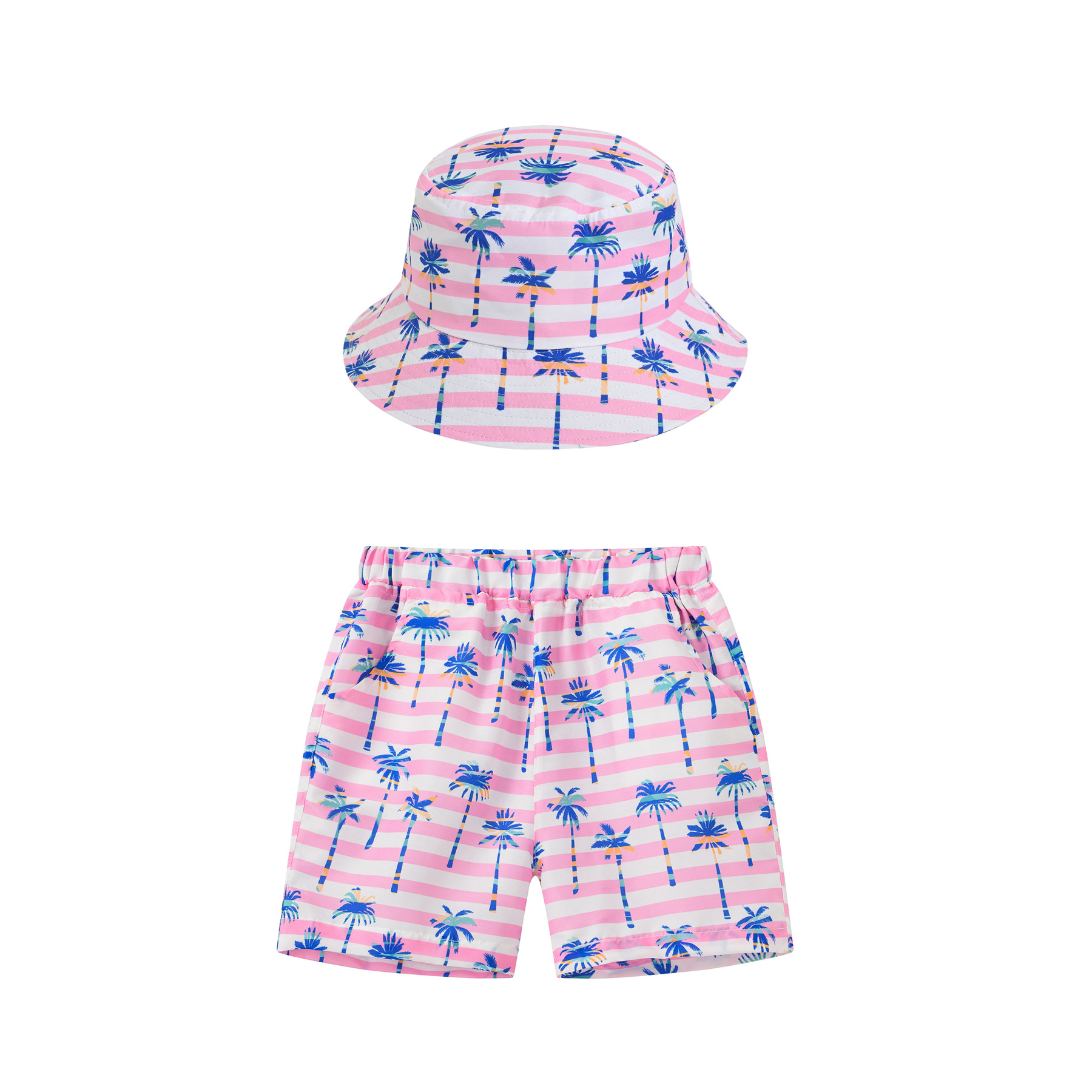 新款童裤休闲套装男女童海边度假风牛筋腰沙滩裤+同色系帽子童装