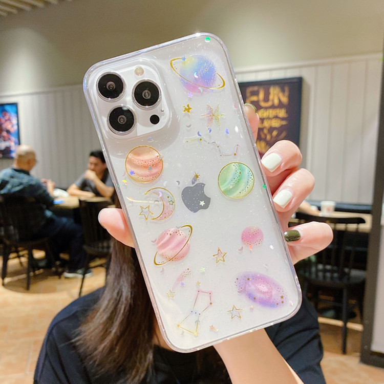 Suitable for iphone16 Phone Case Creative Planet Transparent Sequin Glue Dropping All-inclusive New S25Ultra Protective Case