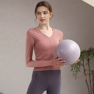 Women's Spring and Summer Long-sleeved High-end Professional Pilates Clothes with Chest Pad V-neck Yoga Top