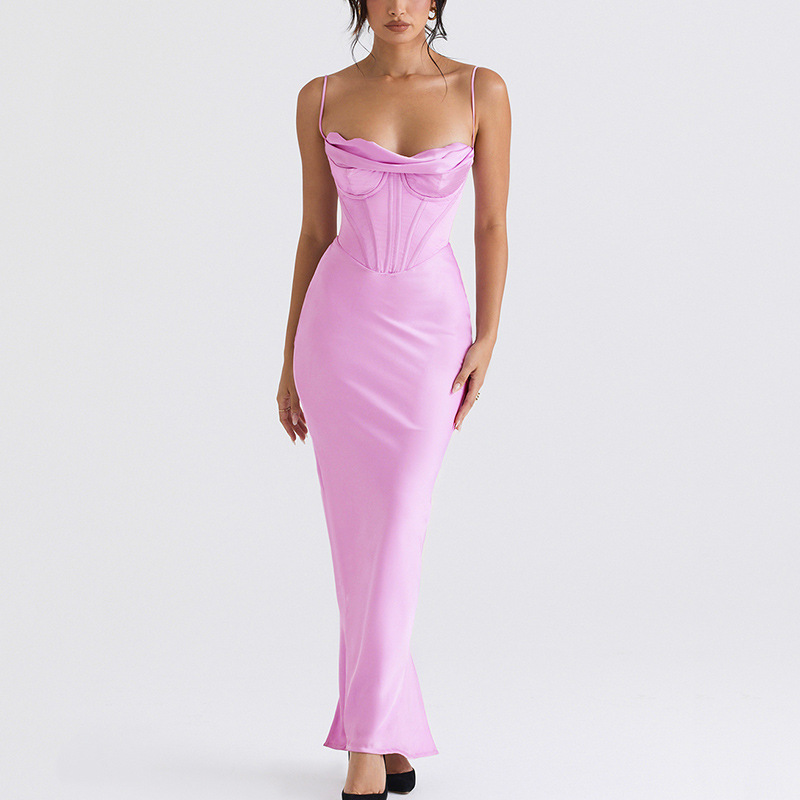 Europe and the United States sexy women's dress Amazon new sexy pile collar satin Fishbone pleated suspender dress