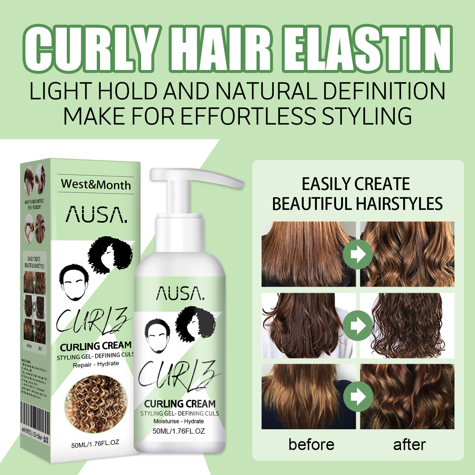 West & Month curly hair elastin moisturizing curly hair styling fluffy elastic strong hair smoothing frizz hair care