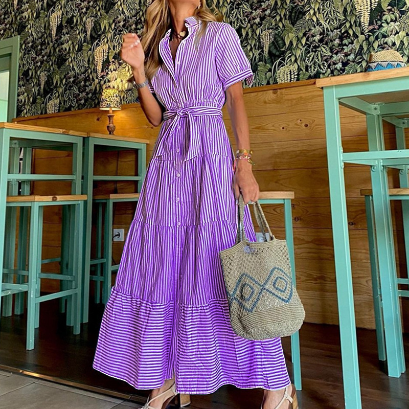 FD492 in stock 2025 cross-border new Amazon fashion striped short sleeve loose long dress
