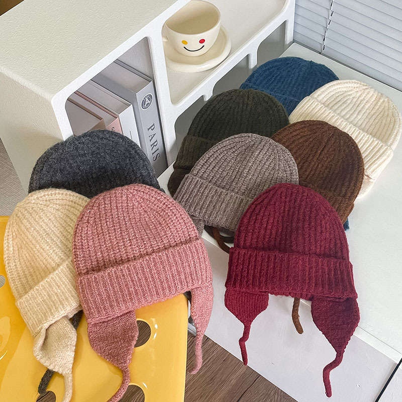 Gestrickte Ohrenschutzmütze für Kinder im japanischen Stil, neue Herbst- und Wintermütze aus dunkler, eleganter, warmer Wolle, einfarbige Strickmütze_voghion.com
