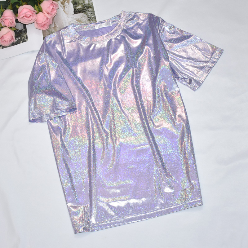 Korean Style Super Hot Thin Base Shirt Bright Silk Glitter Top Glitter Loose Short-sleeved T-shirt Women's Trendy Large Size T-shirt for Students