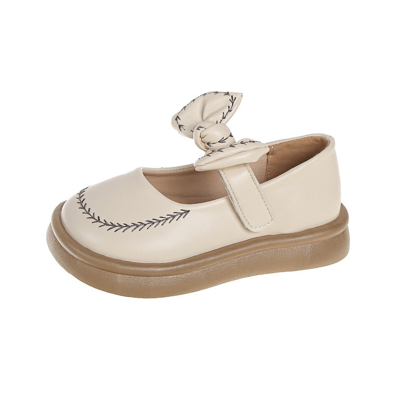 2024 girls new small leather shoes cute retro baby shoes bow embroidered princess shoes tube socks with shoes