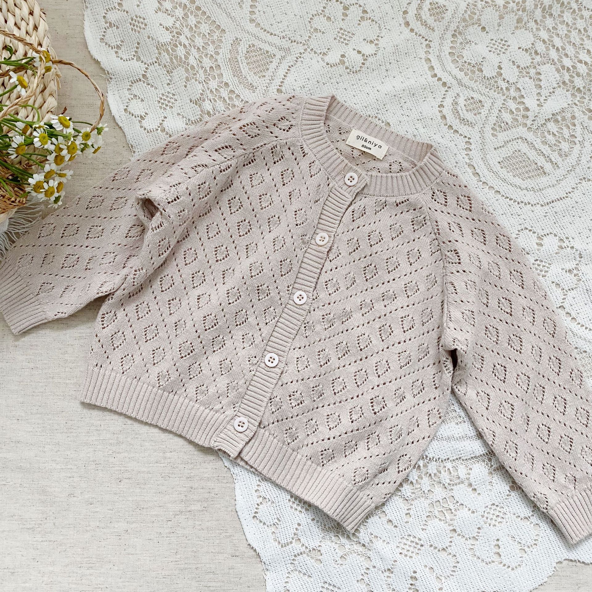 Girls' Spring Summer Autumn Infant Long-sleeved Solid Color Sun-protective Shirt Air Conditioning Cardigan Knitted Hollow Jacket