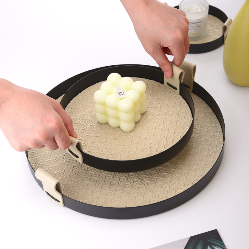 Nordic ins stainless steel leather round storage tray snack afternoon tea tray sundries finishing decoration ornaments