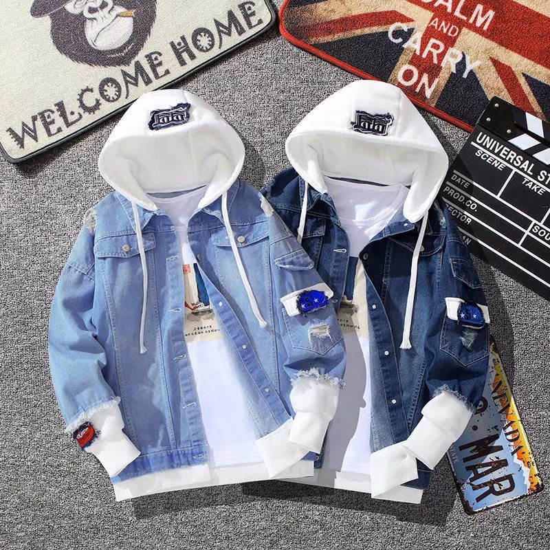 Spring and Autumn stitching fake two-piece Denim coat Korean style trendy casual all-match loose workwear hooded casual jacket