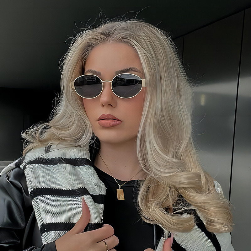 2024 cross-border new oval sunglasses retro metal street photo sunscreen sunshade glasses European and American high sense sunglasses