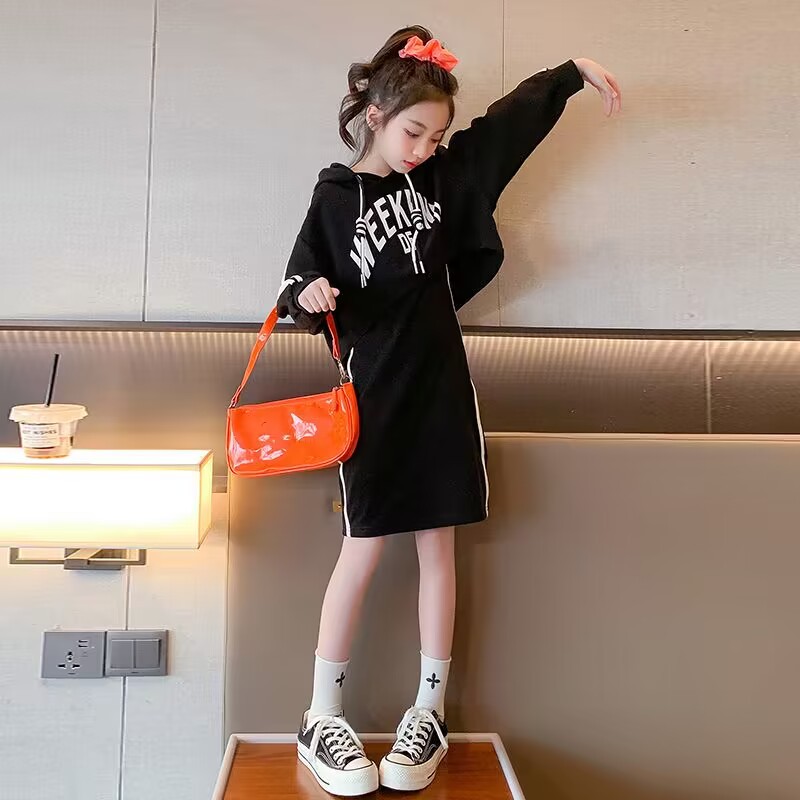 Girls' Spring Hooded Set Big Children's Dress Spring Girl's Korean Style Fashion Sweatshirt Vest Skirt Two-Piece Set
