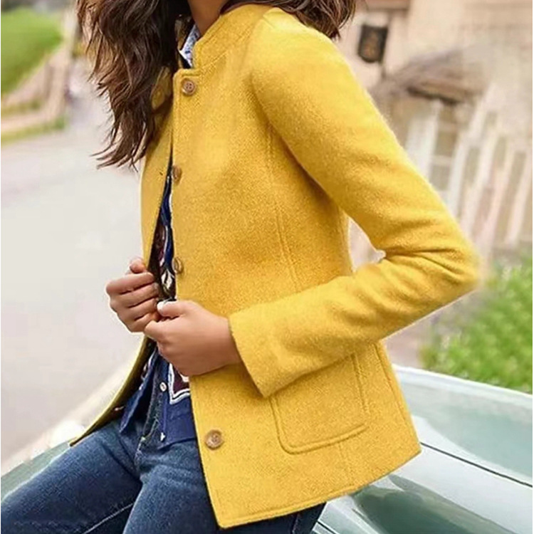 2023 Winter New  eaby independent stand solid color woolen stand collar simple long sleeve breasted short coat_voghion.com