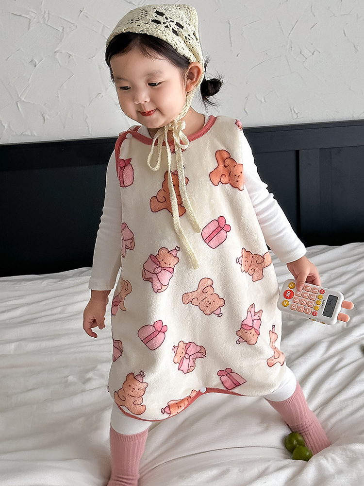 Baby sleeping bag autumn and winter fleece-lined warm children's sleeping anti-kick one-piece home wear sleeveless vest pajamas