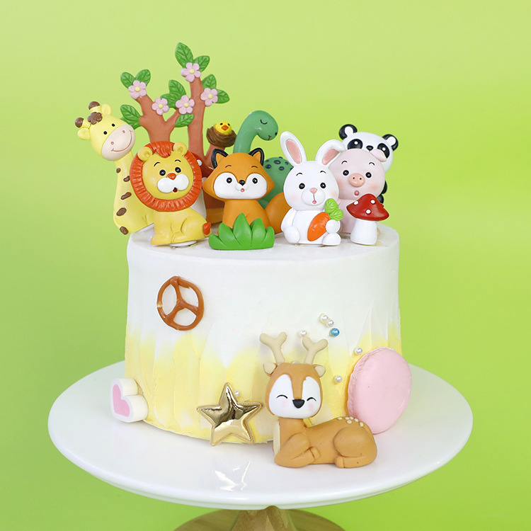 Children's birthday cake decoration forest animal small ornaments lion dinosaur fox resin plug-in cross-border Amazon