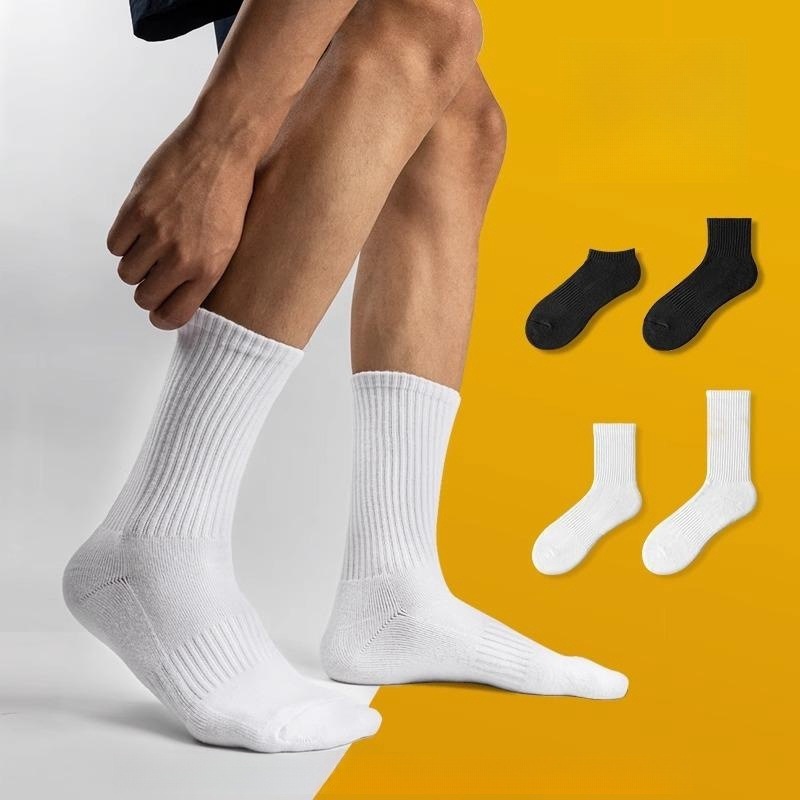 [Pure cotton towel bottom] socks men's autumn and winter mid-calf pure white long summer sports boys' socks