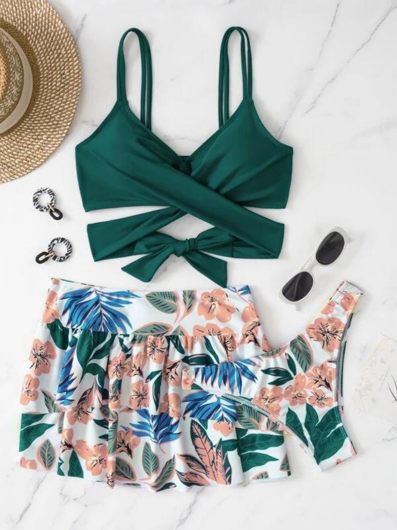 2023 New Amazon swimsuit women's sexy backless printed high waist split skirt three-piece hot spring swimsuit