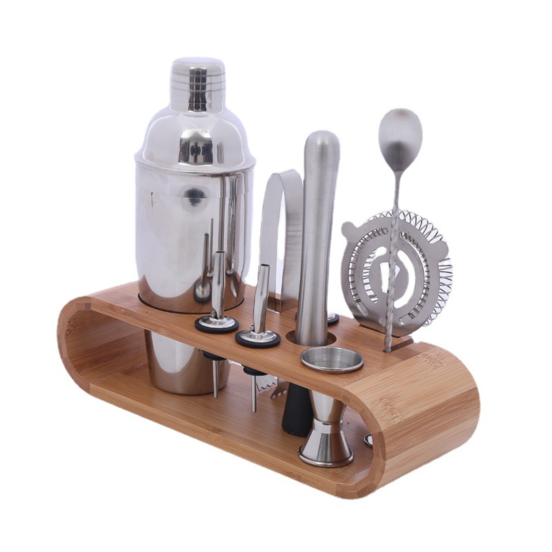 Cross-border stainless steel bartender 10-piece bar tool oval wooden frame base 750ml bartender set