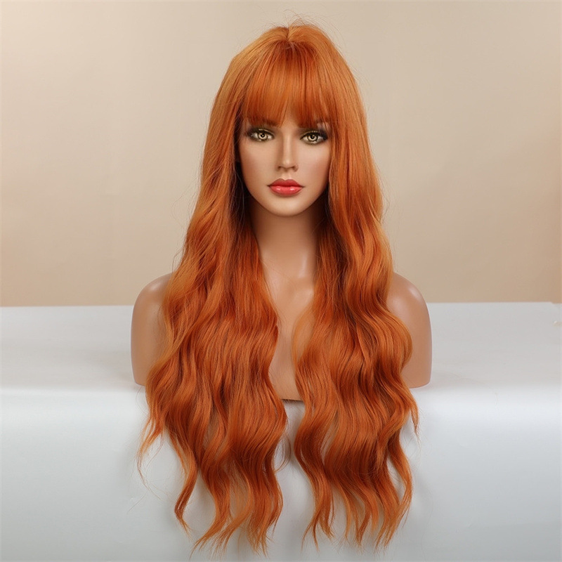 Tiktok Foreign Trade Big Wave Wig Women's Orange Air Bangs Long Curly Hair Face Repair Chemical Fiber Headgear Primary Source