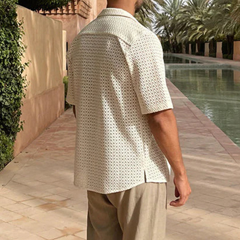 Cross-Border Men's European and American autumn leisure lace shirt men's top fashion long sleeve solid color Hollow shirt men