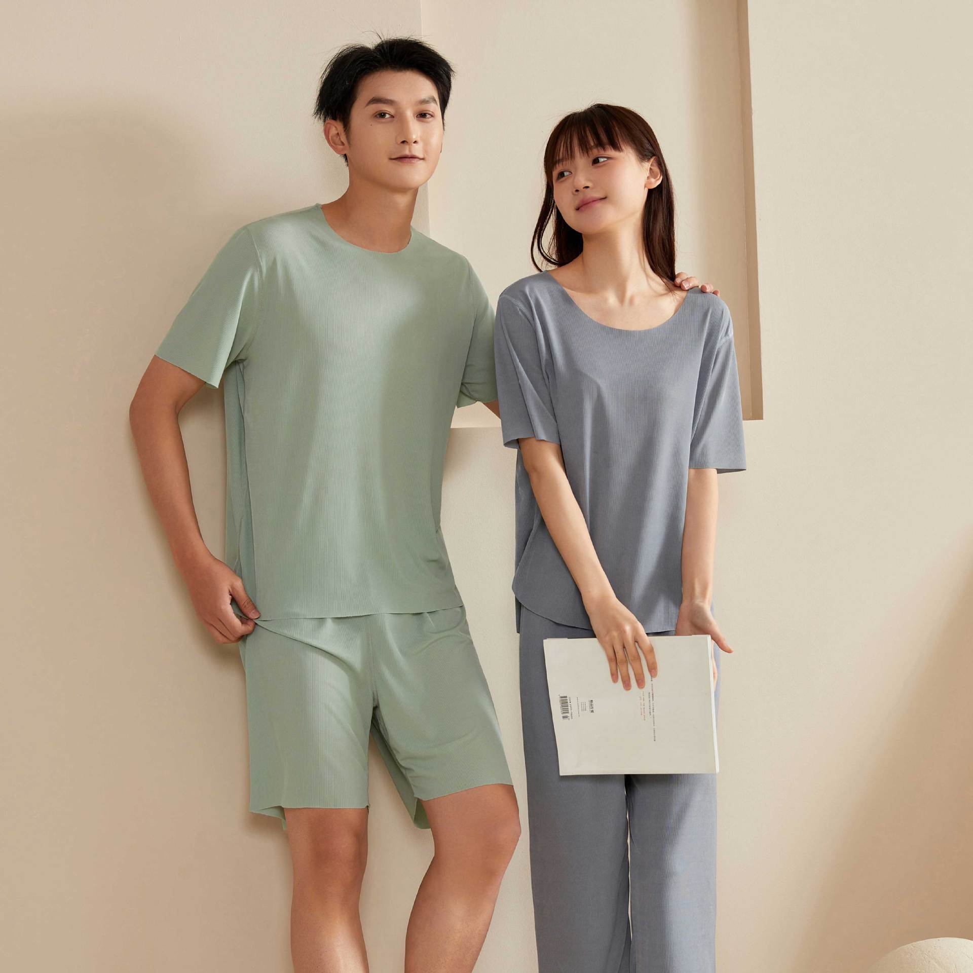 Couple Pajamas Summer Thin Ice Silk Pajama Pants New Spring and Summer Short-sleeved Non-marking Crew Neck Large Size Home Suit