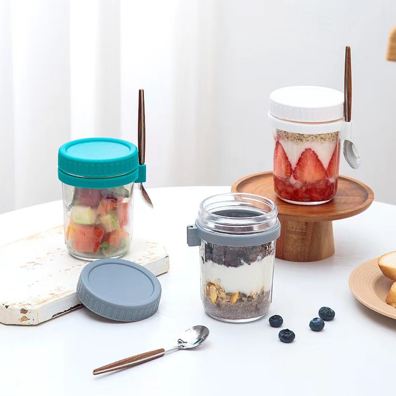 Amazon Overnight Oatmeal Cup 16oz Breakfast Cup with Spoon Portable Glass Cup Shaving Cup Dry and Wet Separated Oatmeal Cup