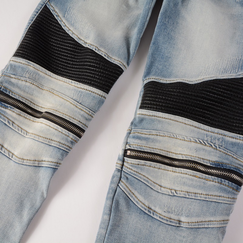 606 Korean Style Slim Fit Motorcycle Jeans High Street Jeans Zipper Patched Jeans