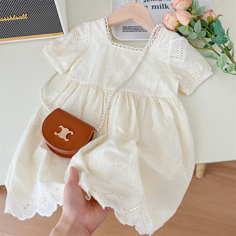 Korean Style Girls dress Summer 2025 New Women's Treasure Lace Short Sleeve Dress Fashion Children's Lace Princess Dress