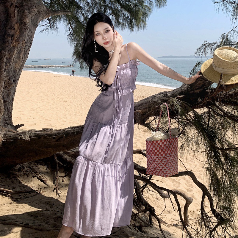 2023 Summer Fairy Vacation Style Long Dress Hole Large Skirt Open-Waist French Strap Backless Dress