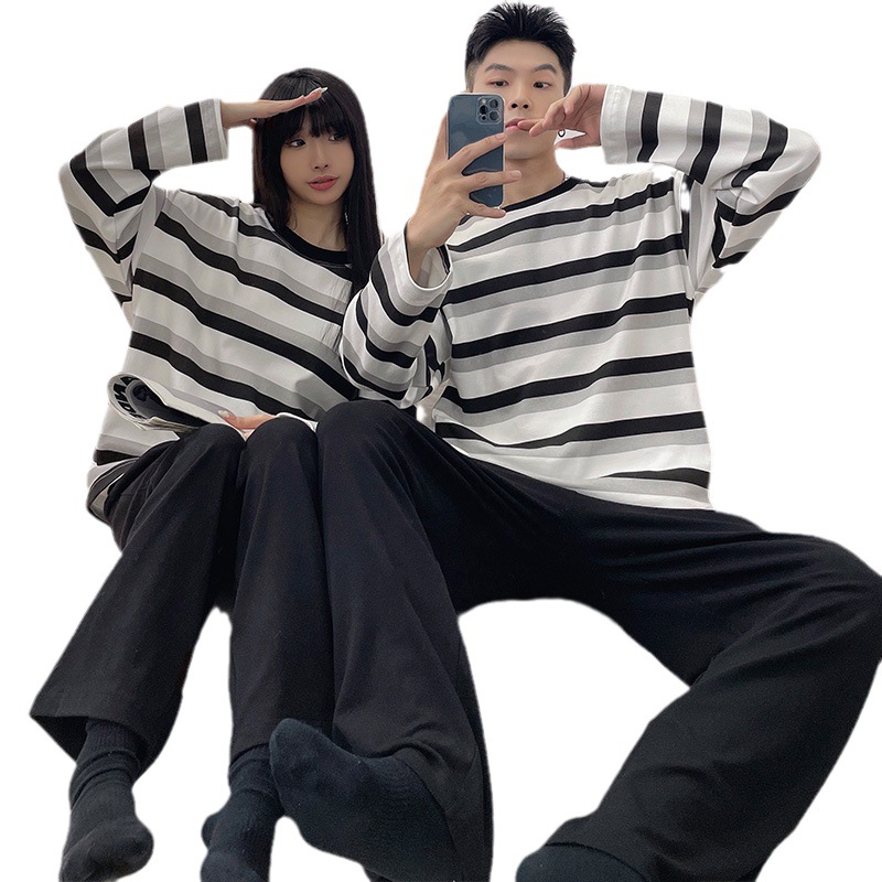 2024 New Couple Pajamas Women's Spring and Autumn Wearing Striped Home Clothes Men's Casual plus size Long Sleeve suit