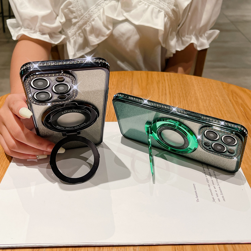 適用iphone15PROMAX手機殼電鍍水鑽磁吸支架蘋果14閃粉tpu保護套