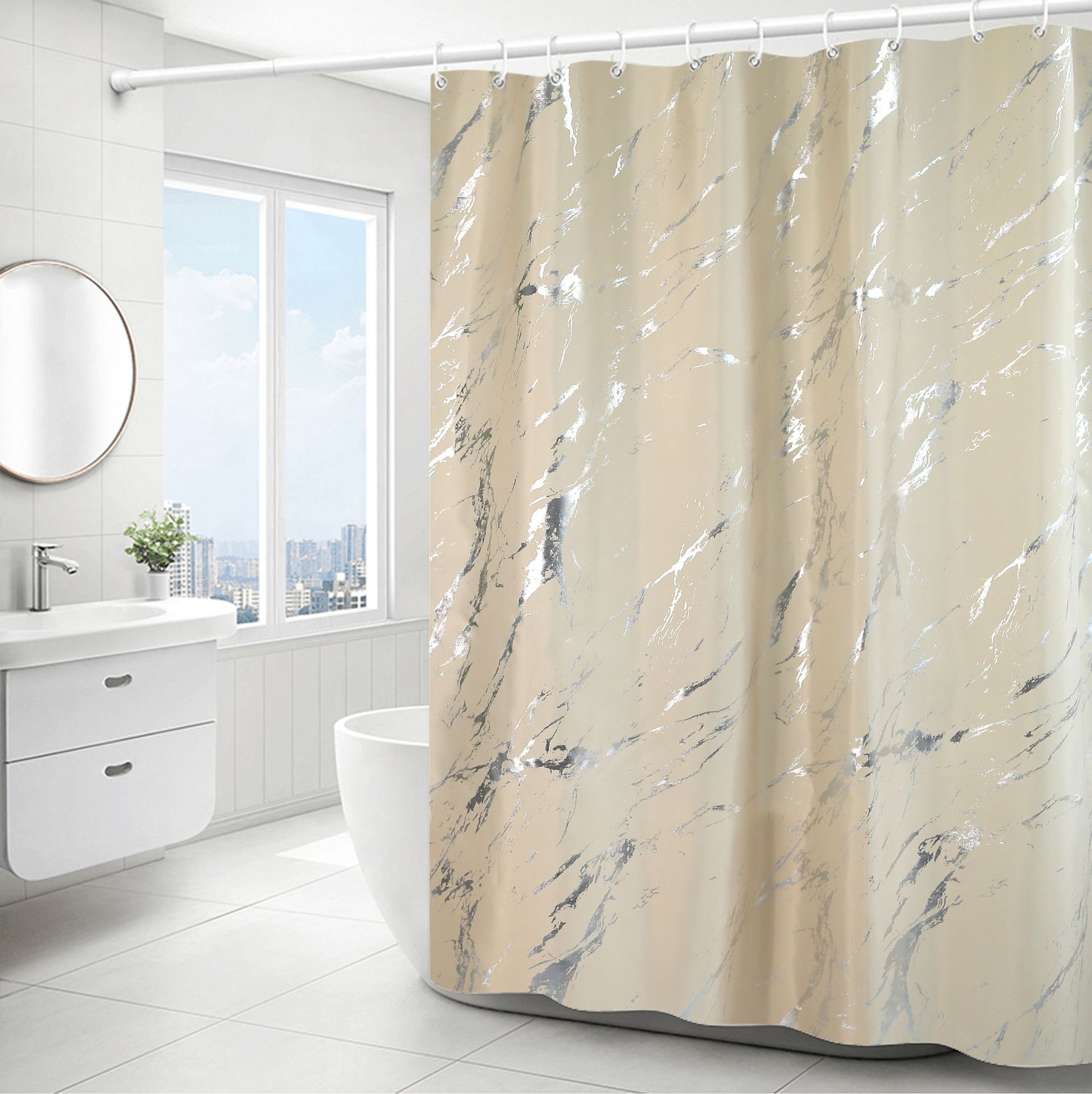 Cross-border Wholesale Light Luxury Simple Hot Stamping Silver Bronzing Marble Pattern Toilet Bathroom Waterproof Shower Curtain Shower Account Partition