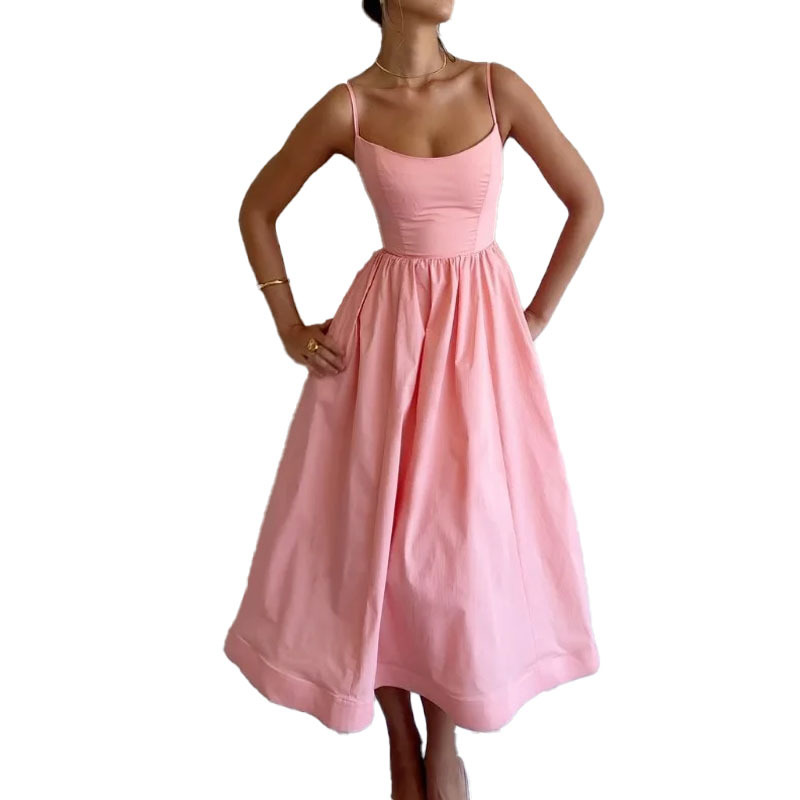 European and American Women's New 2025 Spring dress Solid Color Sexy U-Collar Waisted Pleated Sling dress