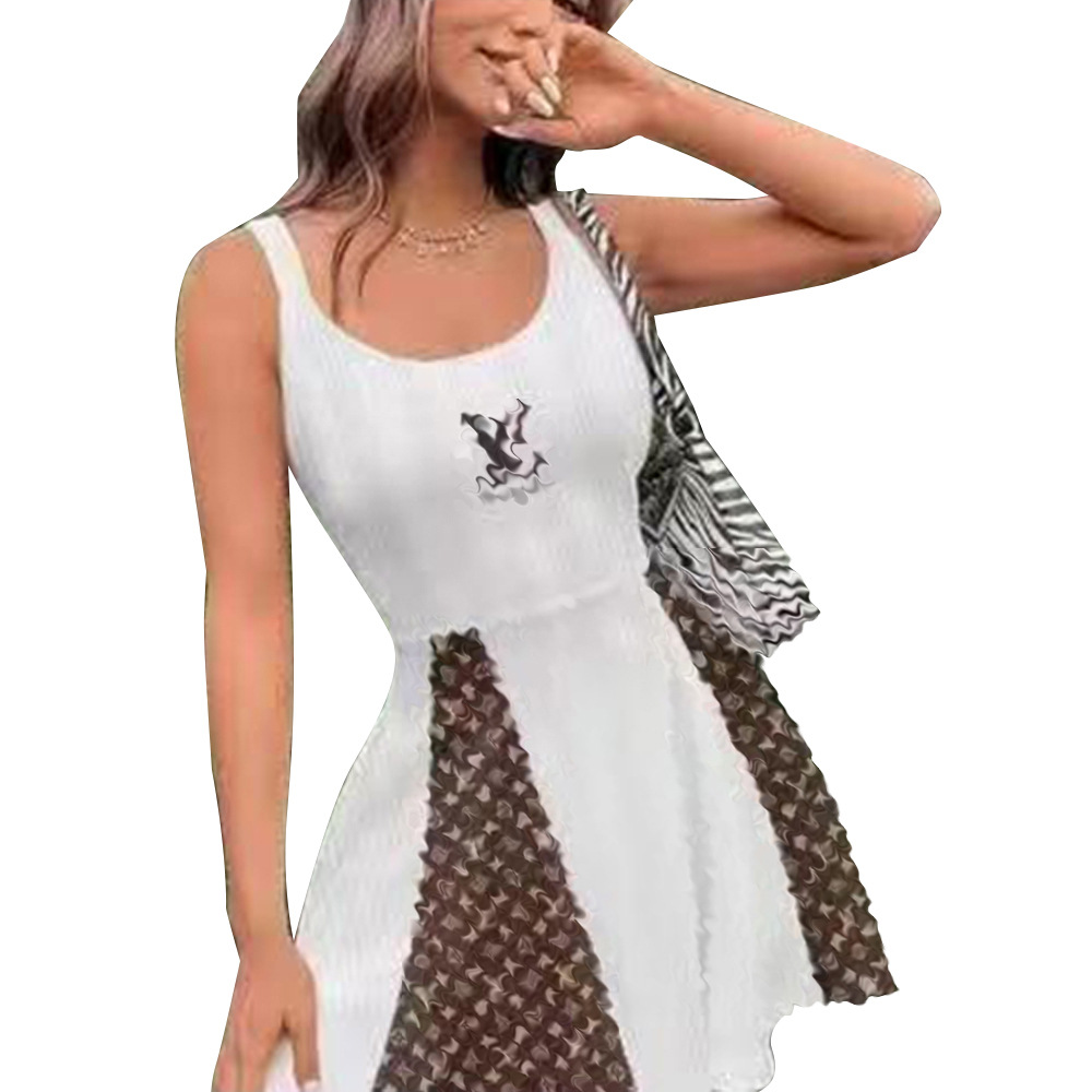 Y71363 European and American Women's Outdoor Summer Sexy Low-cut Cotton Large Pit Embroidered Stitching Dress
