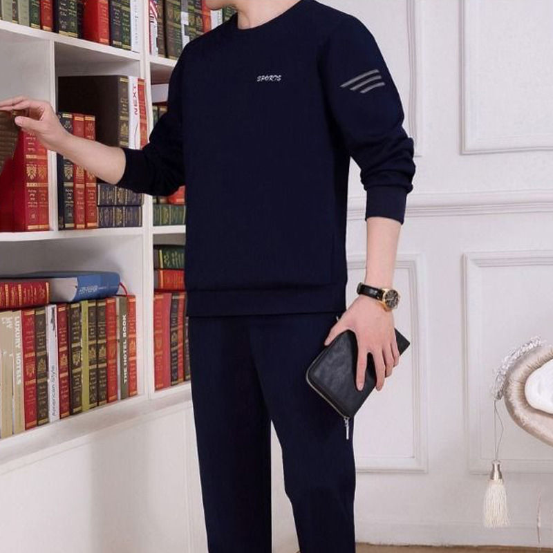 Sports suit men's spring and autumn cotton casual sweater plus size sportswear men's two-piece round neck long sleeve suit