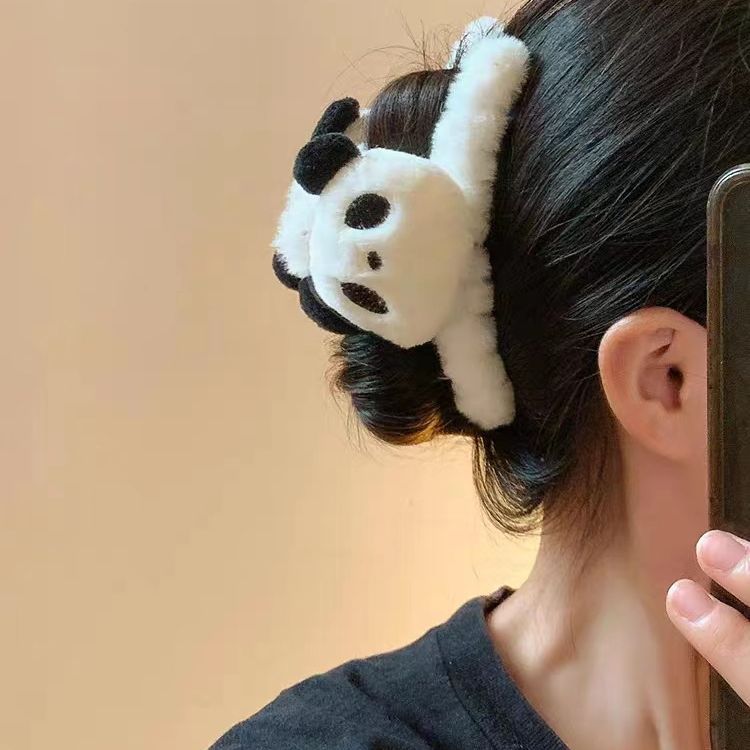 Cute Panda Plush Claw Clip Female Back of Head Hair Clip Cartoon Clip Bun Shark Clip Hair Accessory Headwear Autumn Winter 