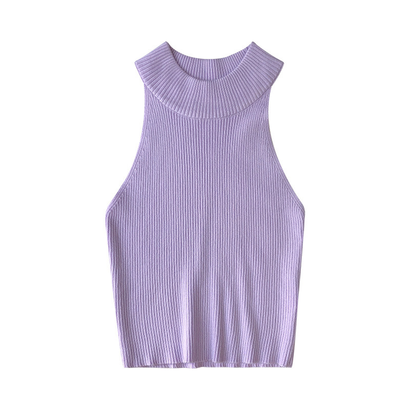 European and American Style Unique Sleeveless Narrow Shoulder Sexy Vest Hanging Neck Wear Slim-Fit Navel Slimming Tight Waist Threaded Knitted Top