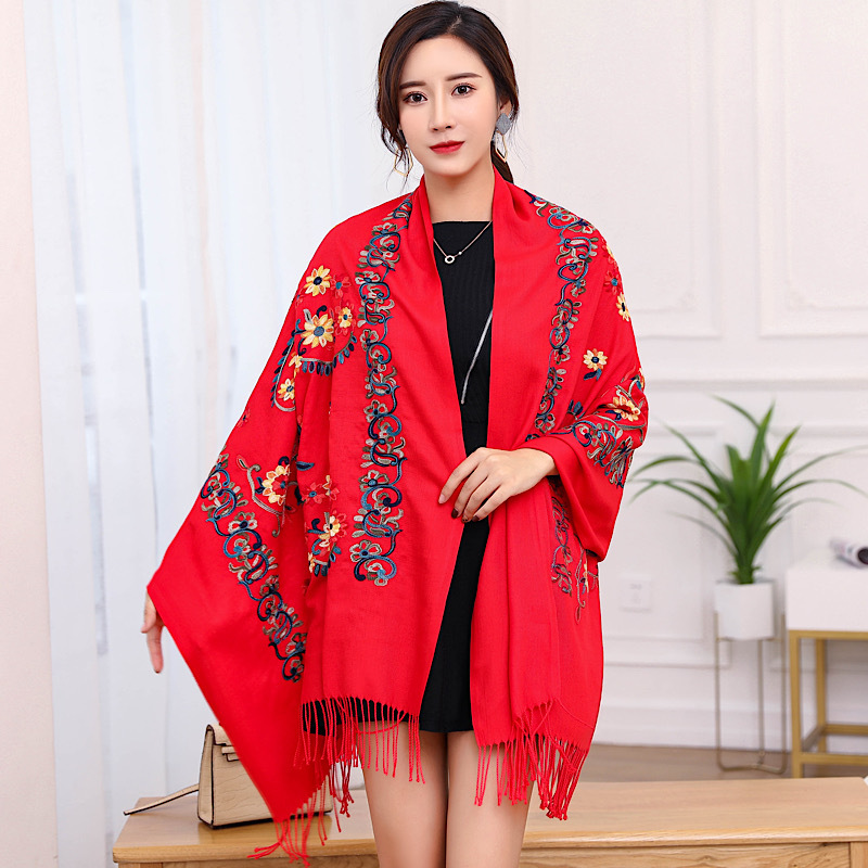 Autumn and Winter Explosions Flower Embroidered Cashmere Scarf Women's Ethnic Style Embroidered Shawl Thickened Warm Tassel Scarf for Women