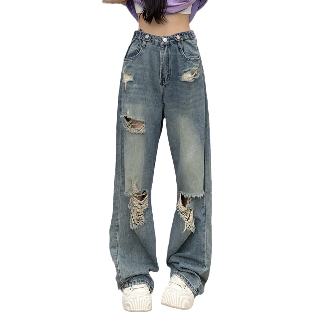 High waist ripped wide leg jeans for women 2023 spring and summer New loose slimming retro draping straight mop pants fashion