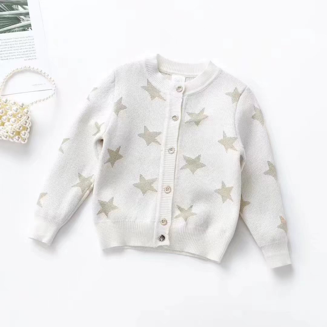 Spring Long Sleeve Knitted Cardigan Children's Stars Black and White Fashion Comfortable Breathable Western Style Pure Cotton Children's Coat